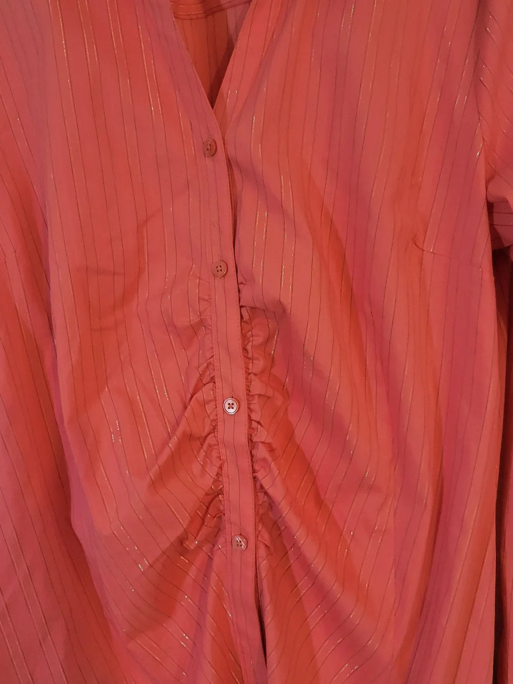 attention Pink Pinstripe Button-Front Ruching Shirt - Picture 2 of 5